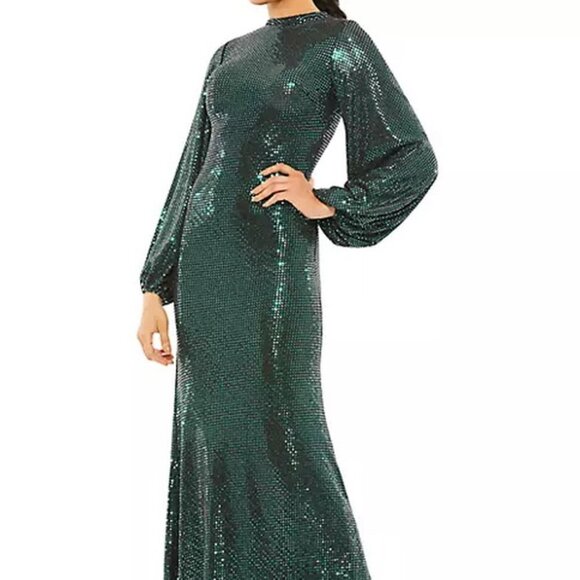 Ieena Mac Duggal Black Bottle Green Metallic Long Sleeve Trumpet Gown - Picture 1 of 5